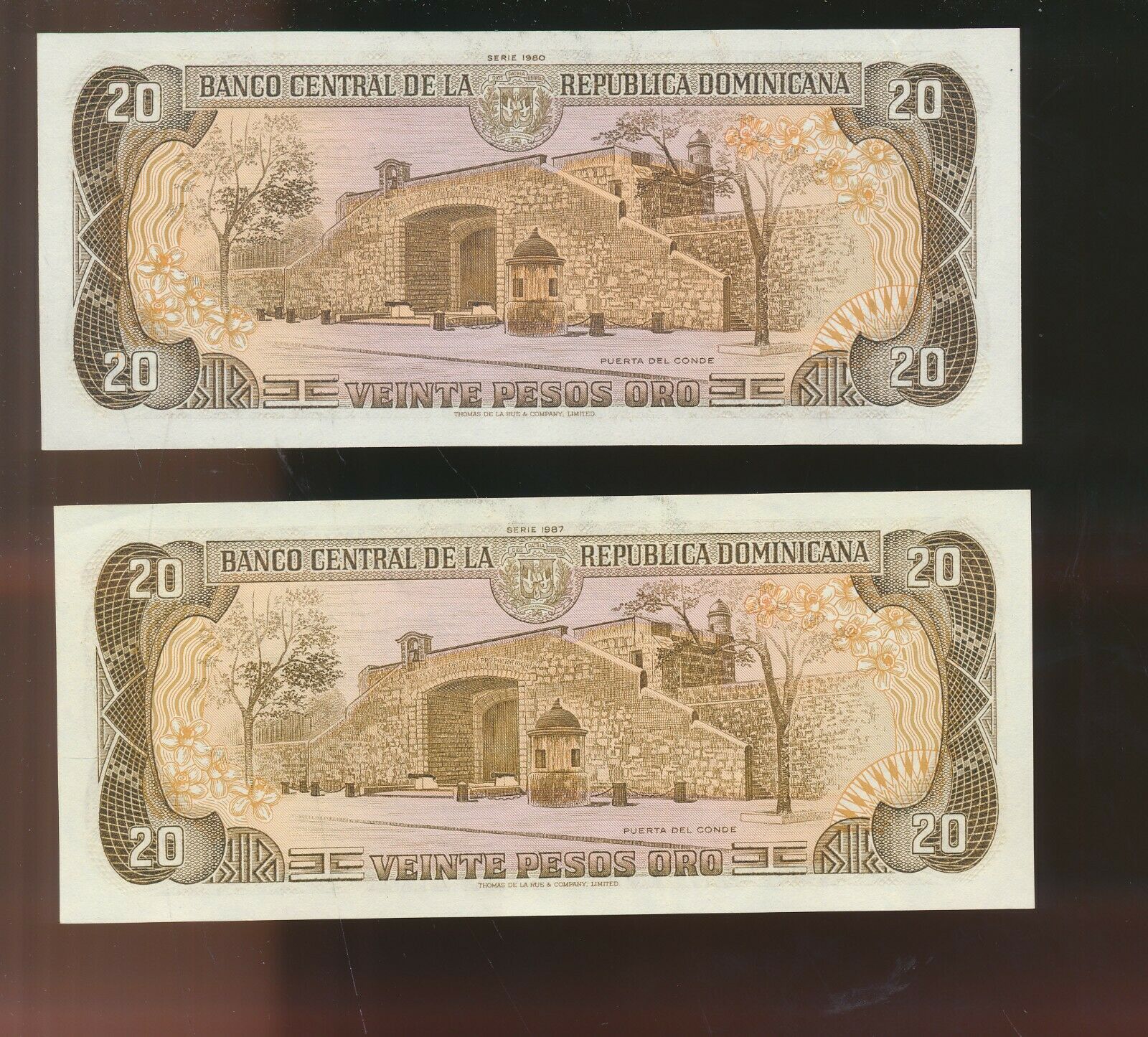 Dominican Republic - 20 PESOS -  1980 & 1987  CU - RARE ZERO -9 PAIR - SEE THIS - Fresh Stock Dated December 2025