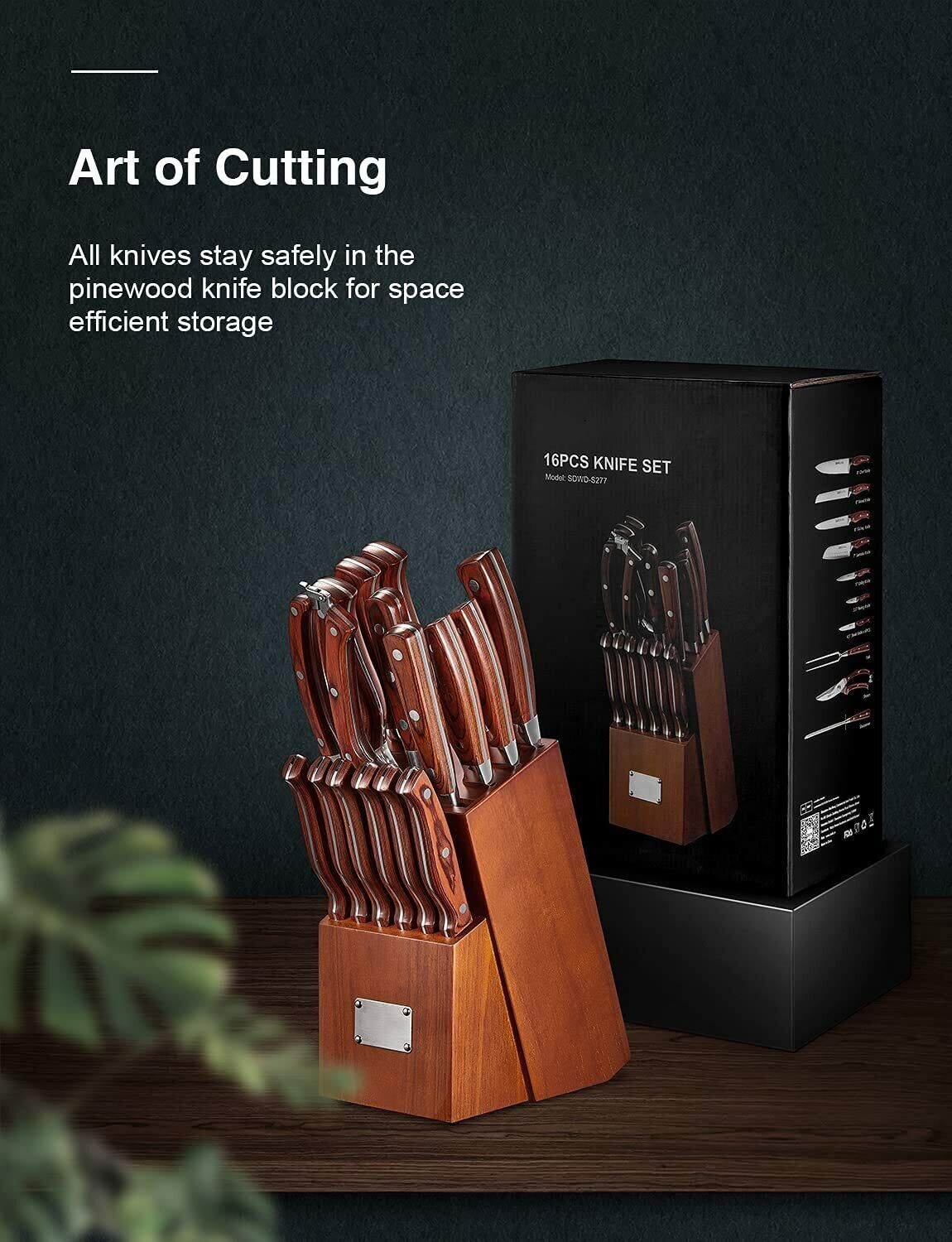 Knife Set, 16-Piece Kitchen Knife Set with Block Wooden German Stainless Steel - Fresh Stock Dated February 2026