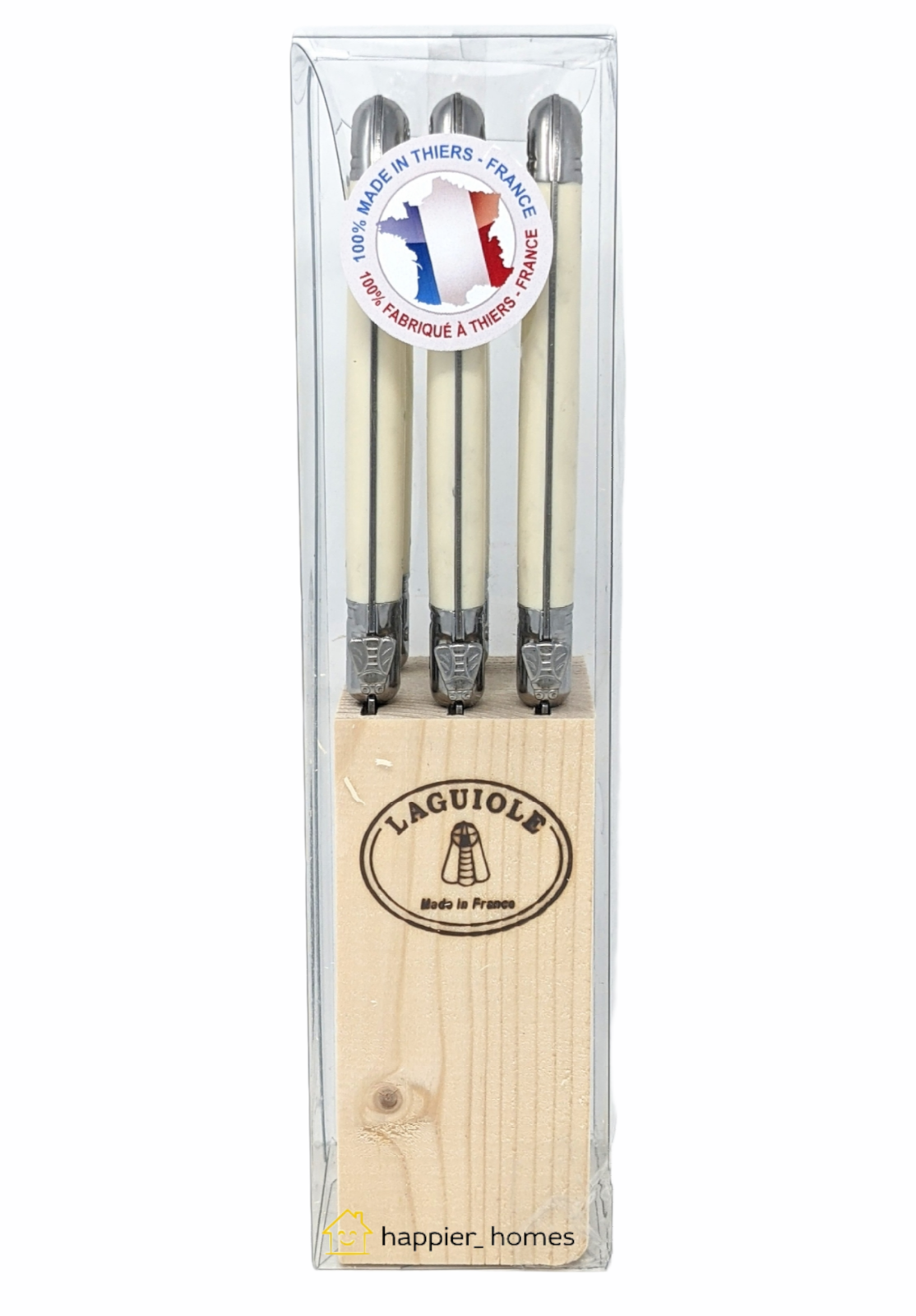 LAGUIOLE (Set of 6) Steak Knives in Wood Block - Ivory / White Handle NEW - Fresh Stock Dated January 2026