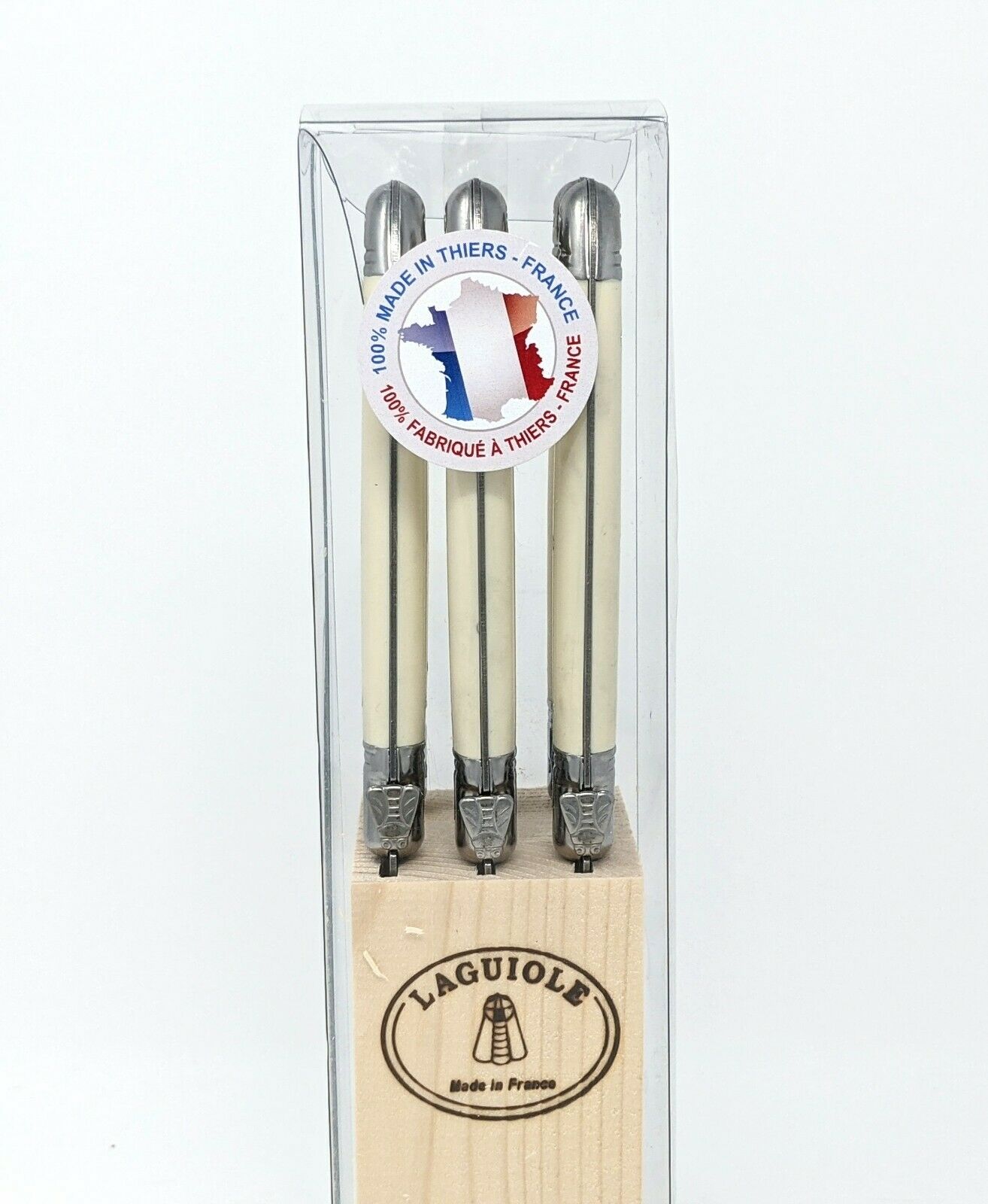 LAGUIOLE (Set of 6) Steak Knives in Wood Block - Ivory / White Handle NEW - Fresh Stock Dated January 2026
