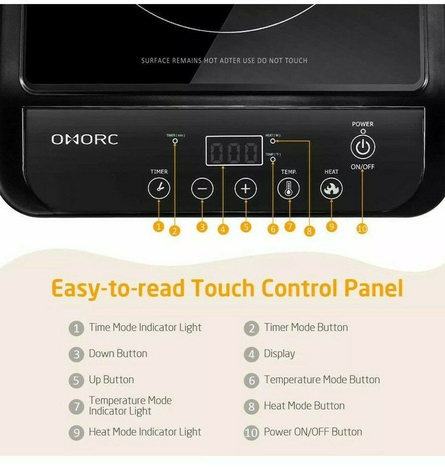 OMORC Portable Induction Cooktop Touch-Control Countertop Burner 10 Power Levels - Fresh Stock Dated February 2026