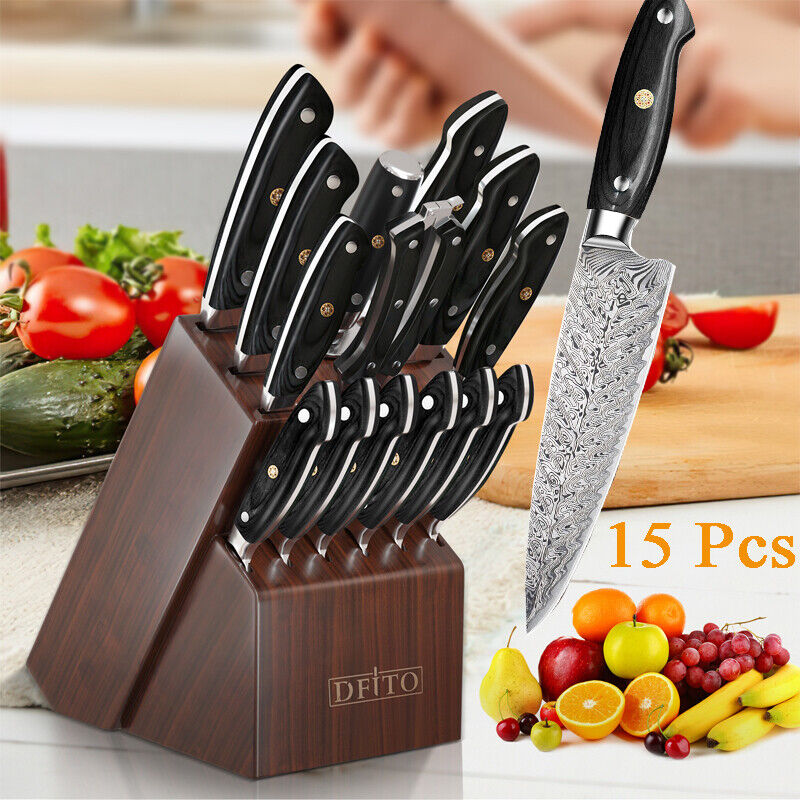 15 Pcs Kitchen Knife Set with Wooden Block Japan Carbon Stainless Steel Knives - Fresh Stock Dated January 2026
