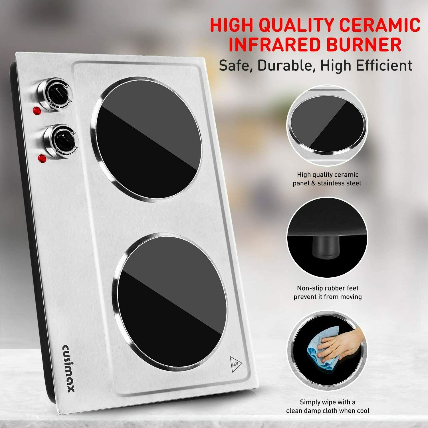 Cusimax Hot Plate, 1800W Ceramic Electric Double Burner for Cooking, Infrared - Fresh Stock Dated February 2026
