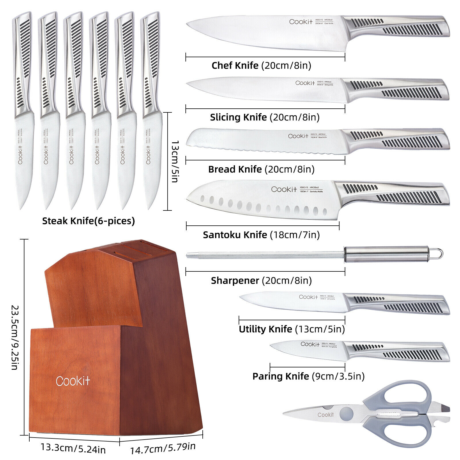 Cookit Knife Sets, 15 Piece Kitchen Knives Set with Block, German Stainless - Fresh Stock Dated January 2026