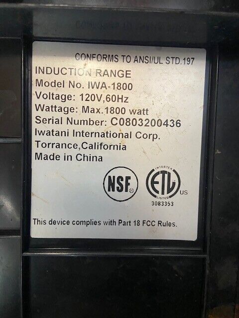 Iwatani IWA-1800 1800 Watt Table Top Induction Unit Electric 1 Burner Hot Plate - Fresh Stock Dated February 2026