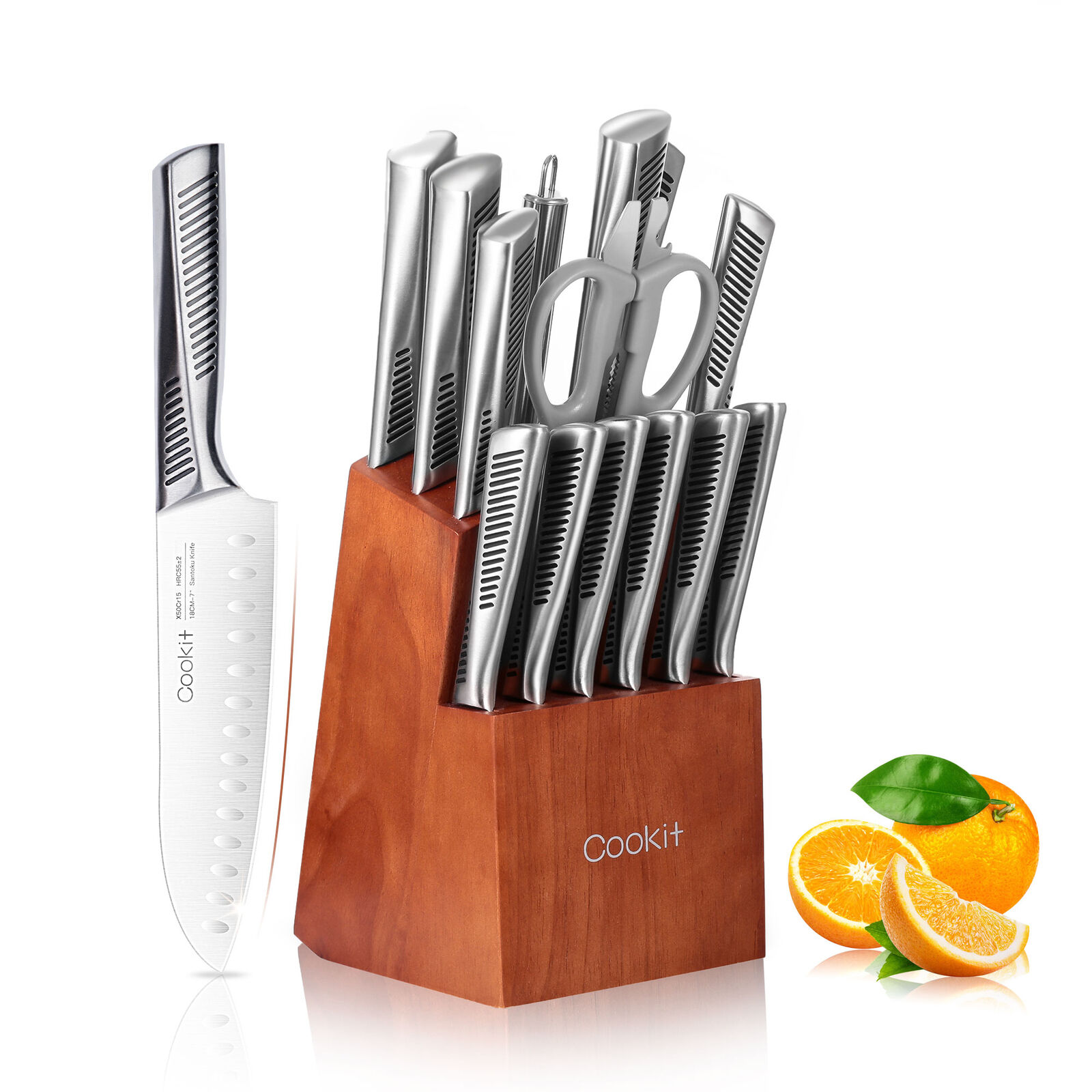 Cookit Knife Sets, 15 Piece Kitchen Knives Set with Block, German Stainless - Fresh Stock Dated January 2026