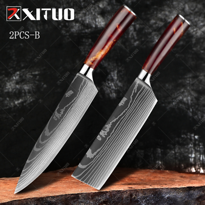 XITUO 1-10PCS  kitchen knives Set Laser Damascus pattern chef knife Sharp Santok - Fresh Stock Dated January 2026