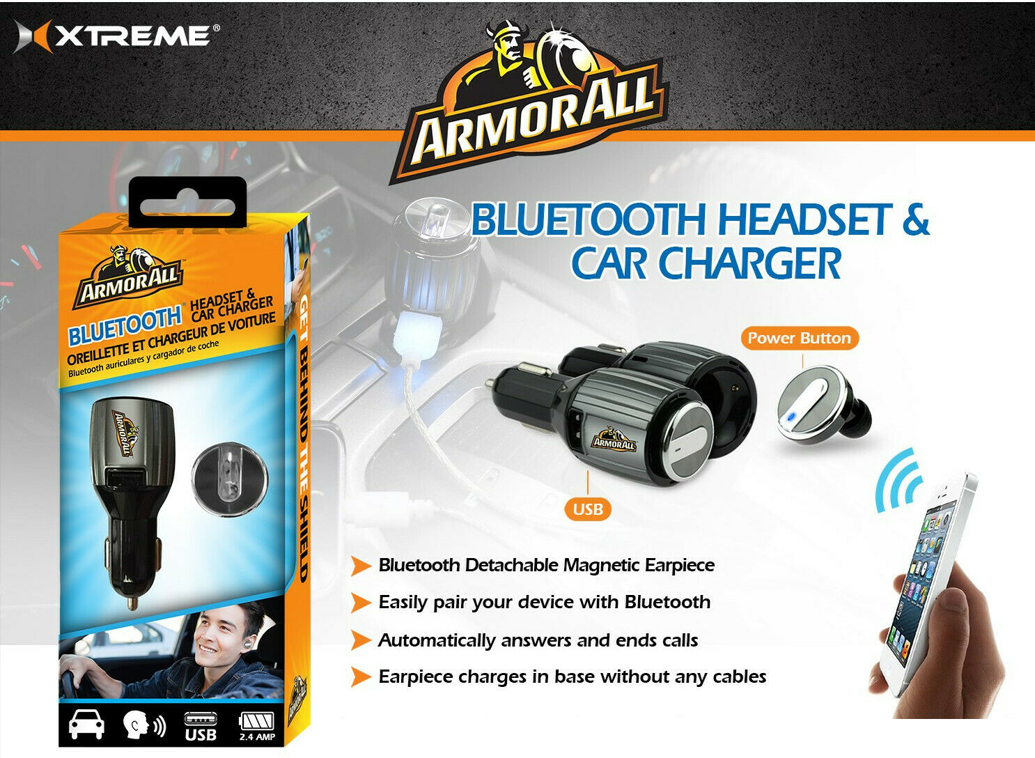 Armor All 2-in-1 Bluetooth Headset and USB Car Charger AHF9-1004-BLK Mobile - Fresh Stock Dated December 2025