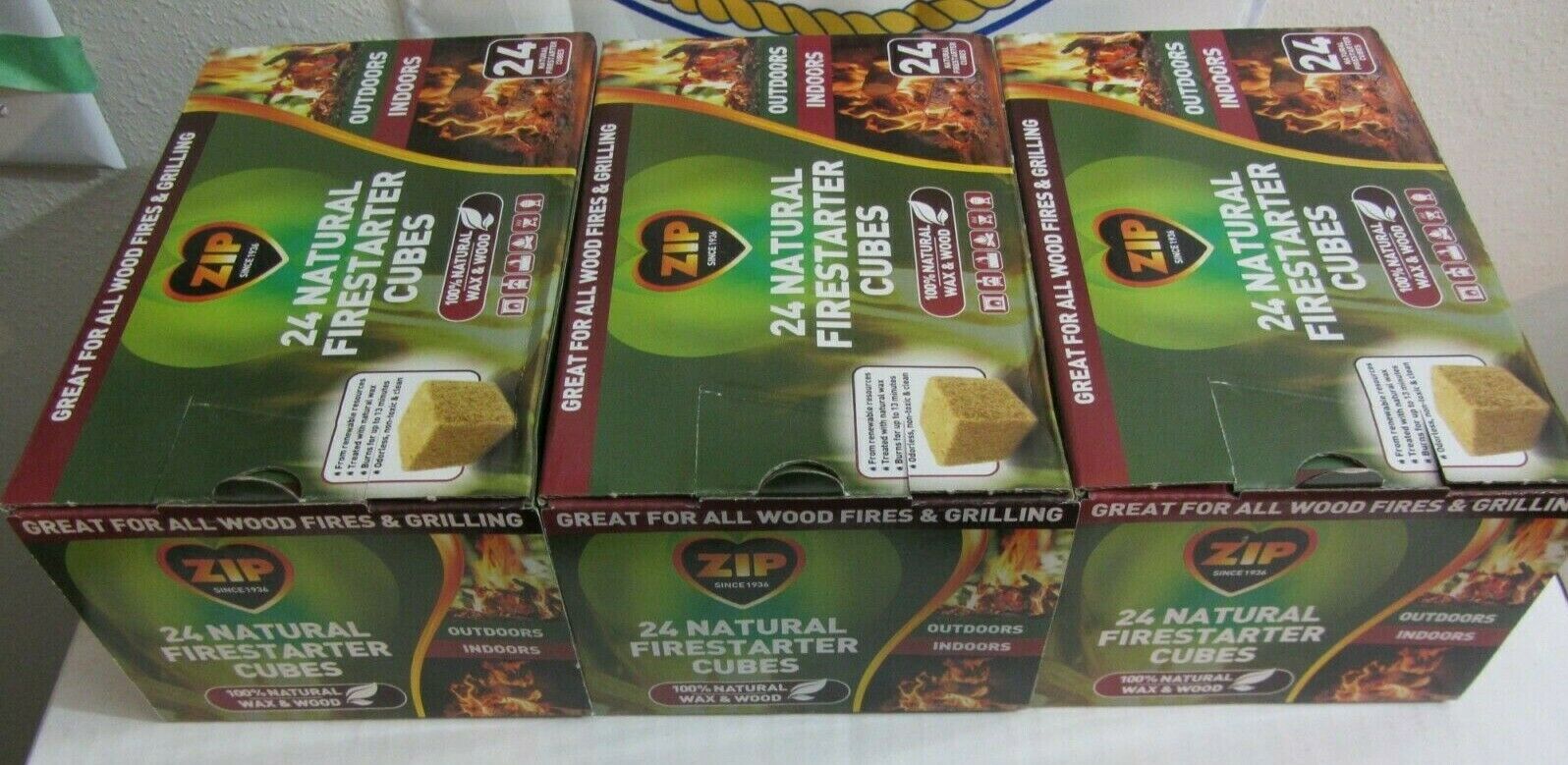 Lot (3) 24-pack ZIP natural firestarter 100% wax wood outdoor/indoor = 72 cubes! - Fresh Stock Dated December 2025