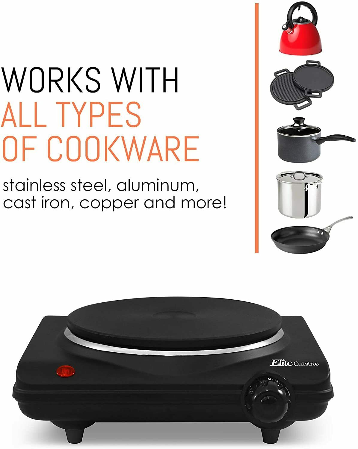 Single Electric Flat Cast Iron Heating Plate Burner Power Light 1000 Watts Black - Fresh Stock Dated February 2026