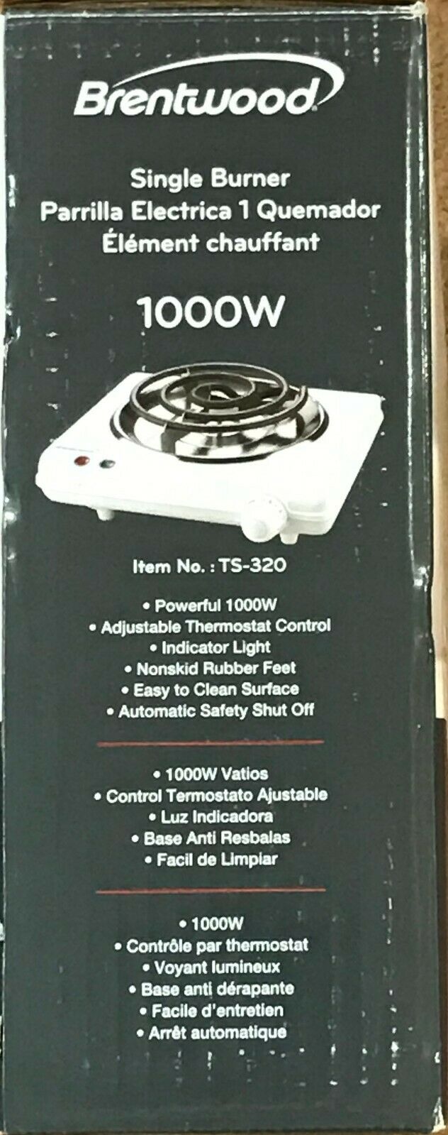 Brentwood Appliances TS-320 Electric Single Burner, 1000 Watts, White - Fresh Stock Dated February 2026