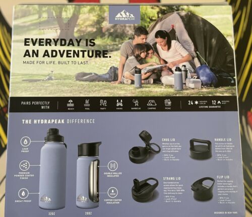 Hydrapeak Active 20oz / 32oz Stainless Steel Bottles Set 4 Lids, Blue - Fresh Stock Dated February 2026