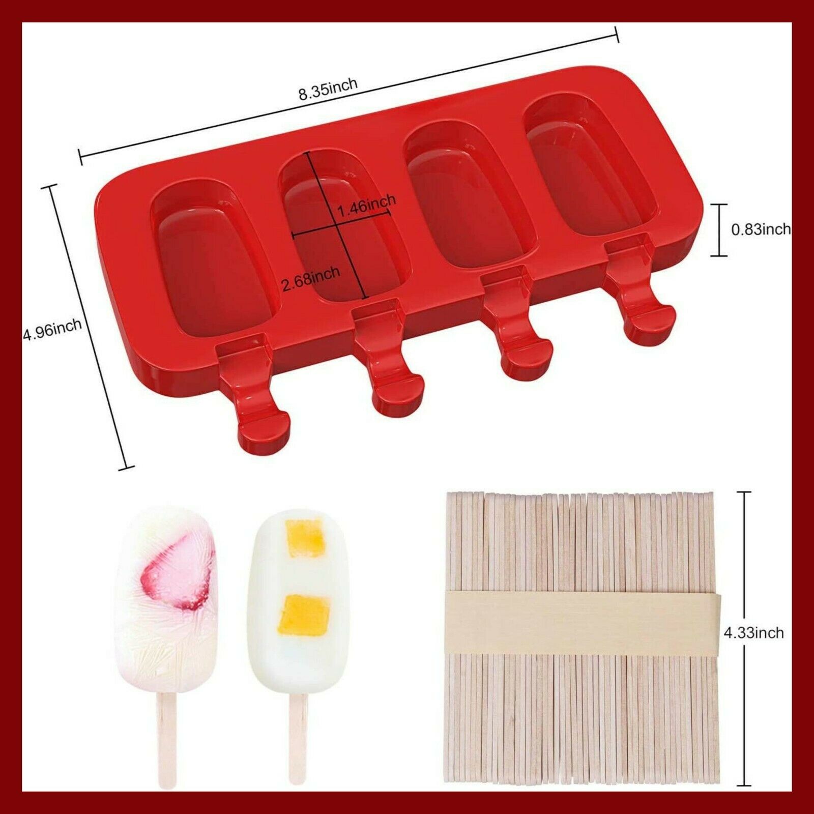 Popsicle Molds, Set of 2 Ice Cream Mold 4 Cavities with 50 Wooden Sticks RED - Fresh Stock Dated February 2026