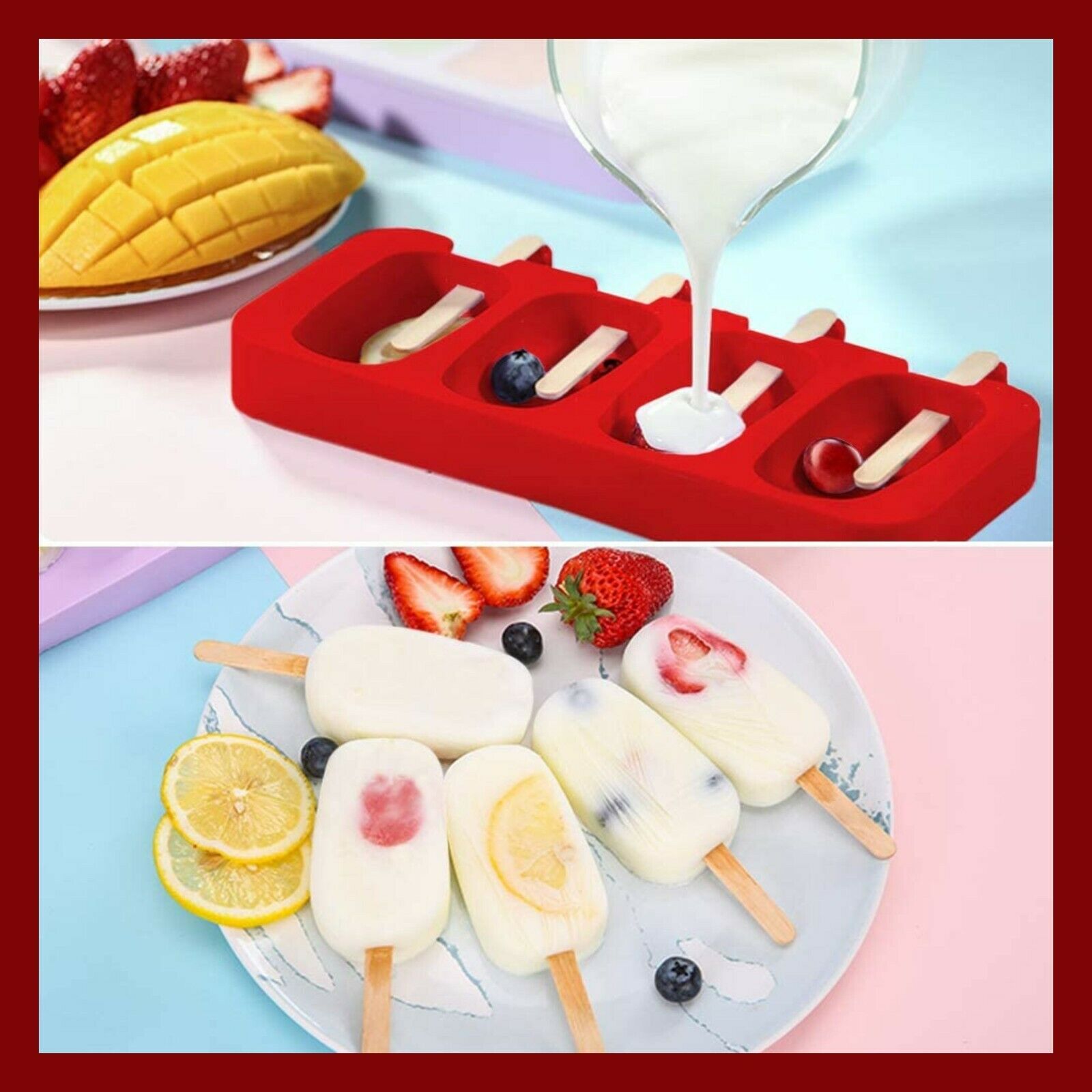 Popsicle Molds, Set of 2 Ice Cream Mold 4 Cavities with 50 Wooden Sticks RED - Fresh Stock Dated February 2026