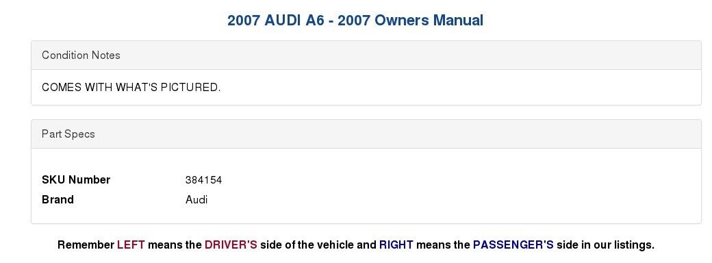 2007 AUDI A6 - 2007 Owners Manual - Fresh Stock Dated December 2025