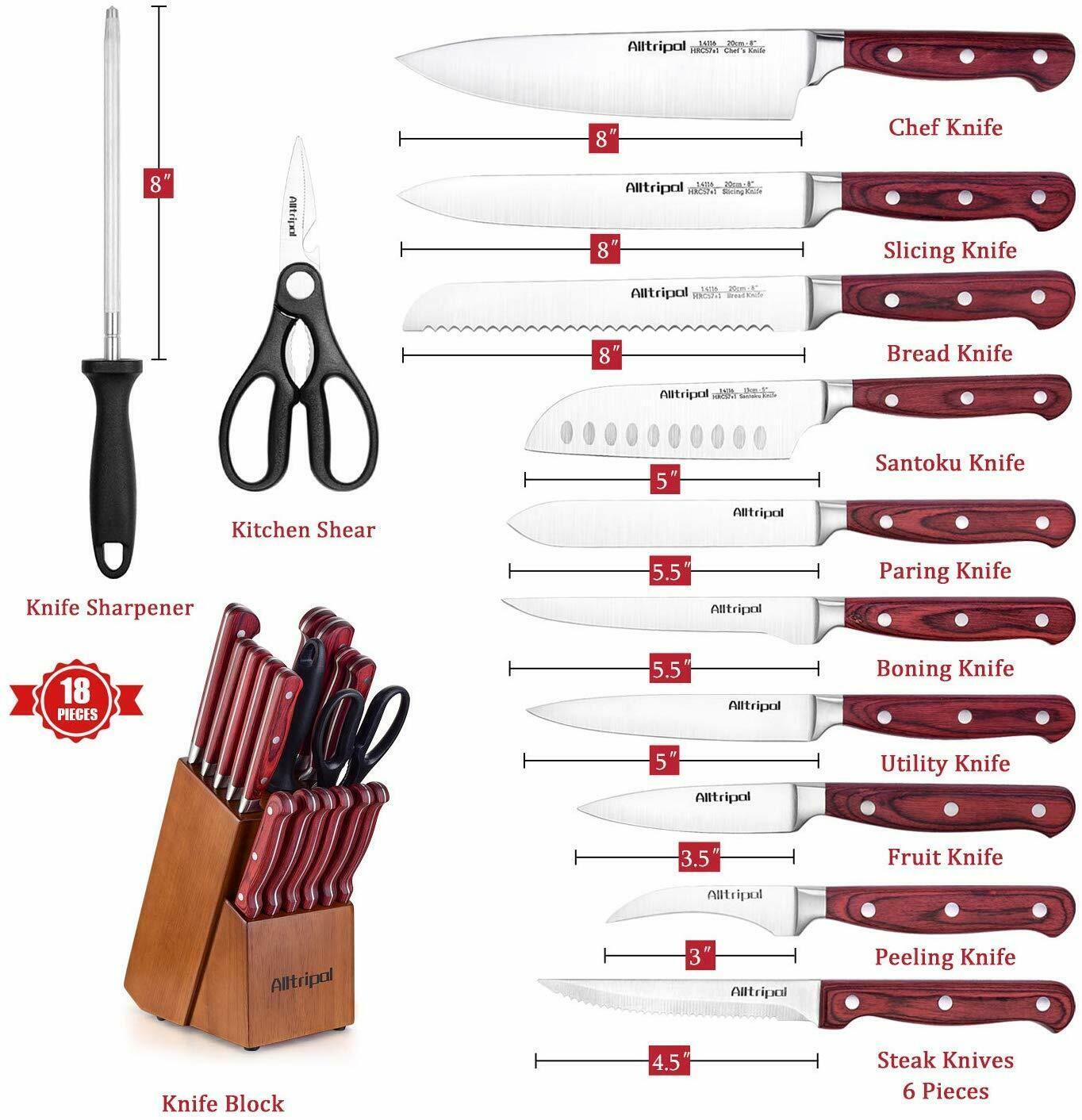 Knife Set, 18-Piece Kitchen Knife Set with Block Wooden German Stainless Steel - Fresh Stock Dated January 2026
