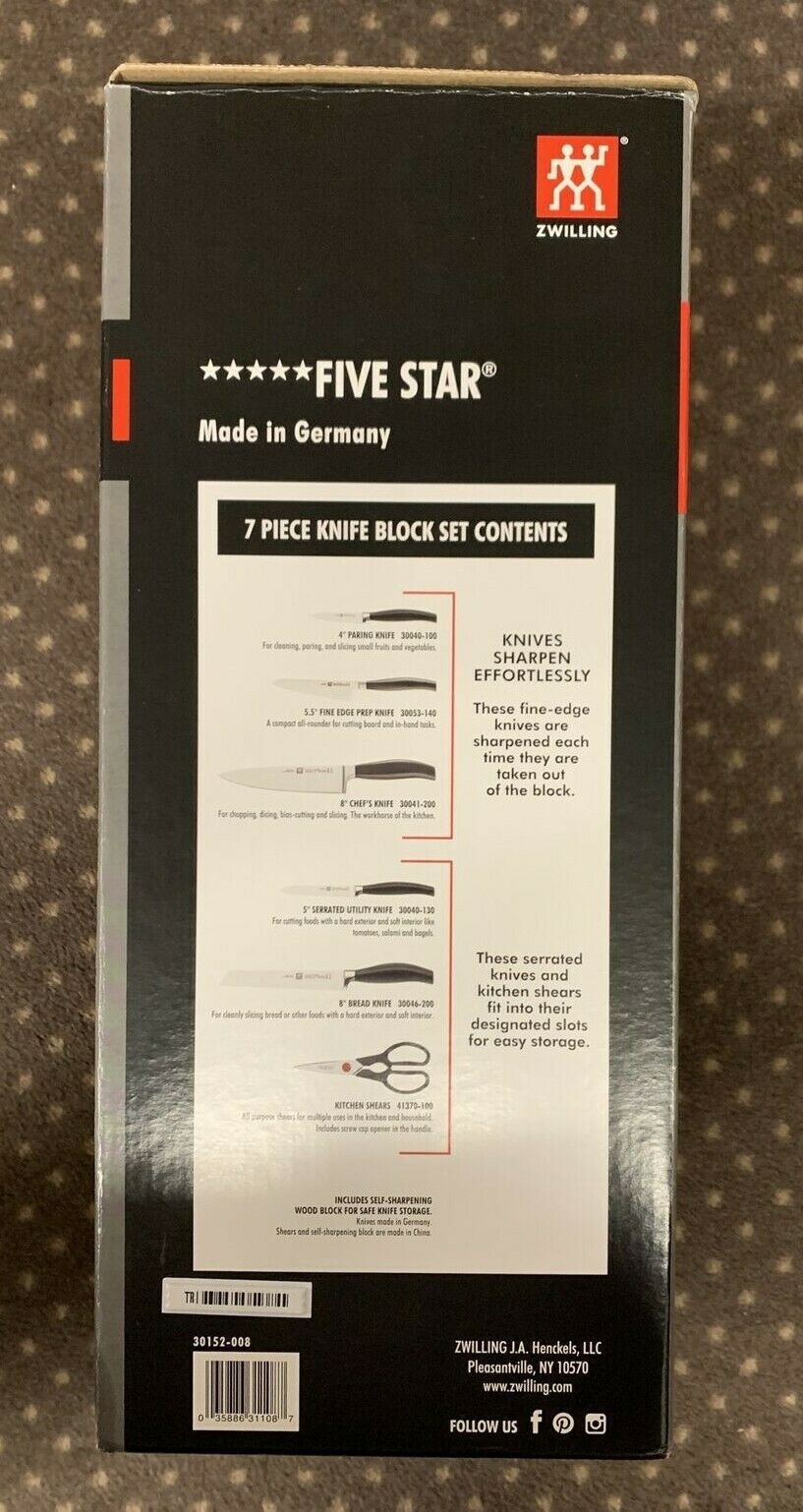 (NEW In The Box)  ZWILLING 30152-008 7-PIECE KNIFE and BLOCK SET - Free Shipping - Fresh Stock Dated January 2026