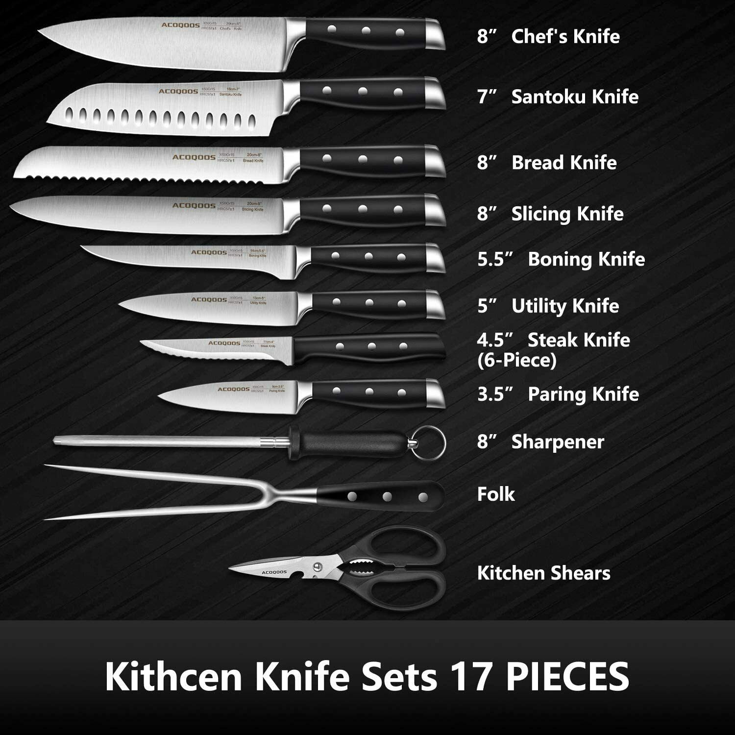 Knife Set, 17-Piece Kitchen Knife Set with Block Wooden German Stainless Steel - Fresh Stock Dated January 2026
