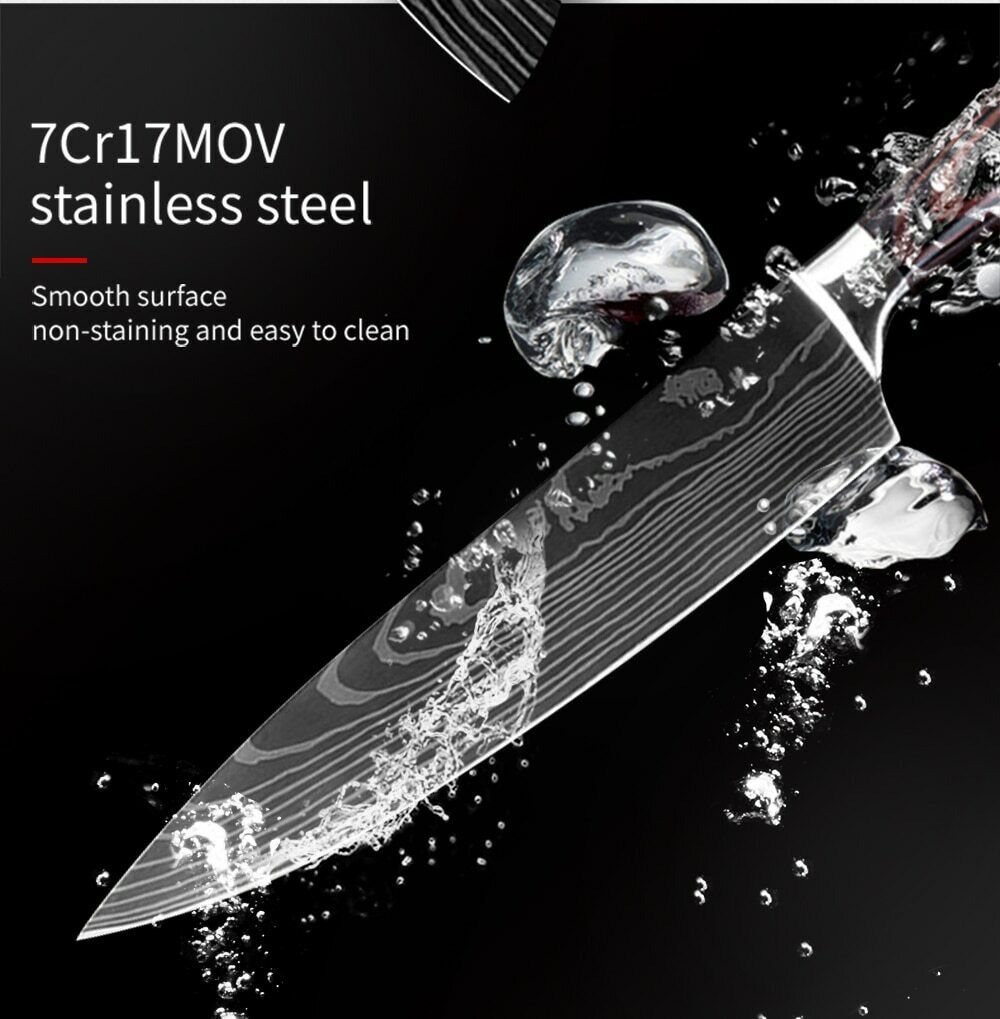 Kitchen Knife Set Japanese Damascus Pattern Stainless Steel Chef Knife Sharpener - Fresh Stock Dated February 2026
