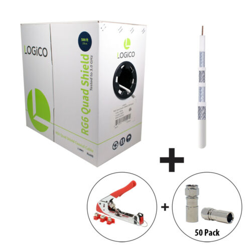 RG6 Quad Shield Coax Cable 500FT White+Crimp Tool+50F-Type CompressConnector Kit - Fresh Stock Dated December 2025
