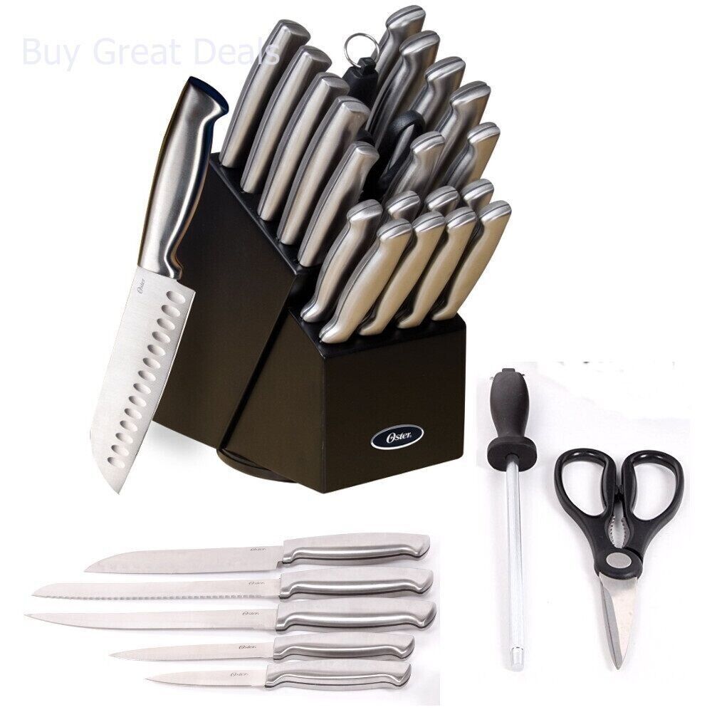 NEW Oster-22-Piece Baldwyn Knife Block Set Stainless Steel Cutlery Kitchen Black - Fresh Stock Dated February 2026