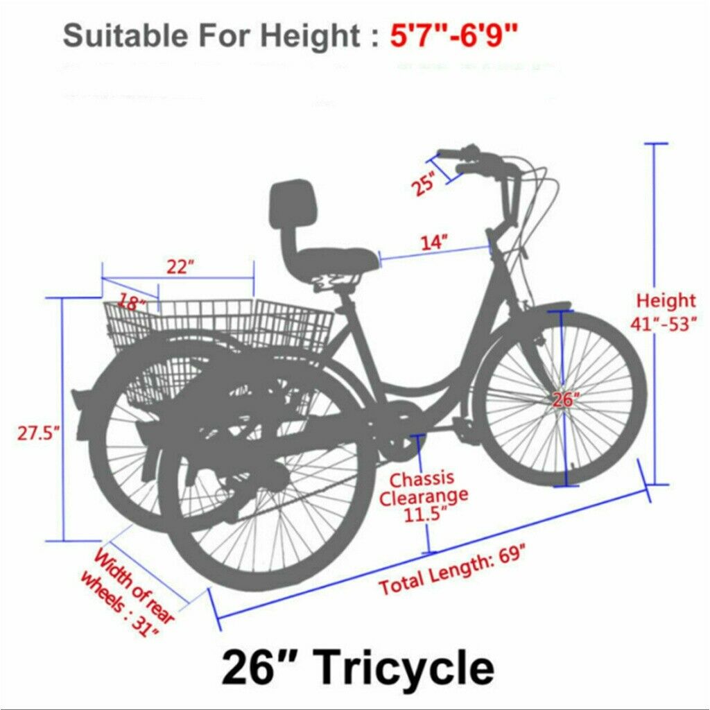 Adult Trike Bike 7 Speed 3 Wheel Tricycle 26 inch Cruiser Bicycle w/Cargo Basket - Fresh Stock Dated January 2026