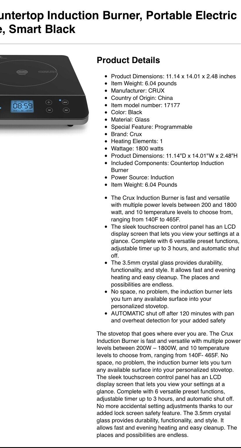 Crux Countertop Induction Burner, Portable Electric Hot Plate, Smart Black - Fresh Stock Dated February 2026