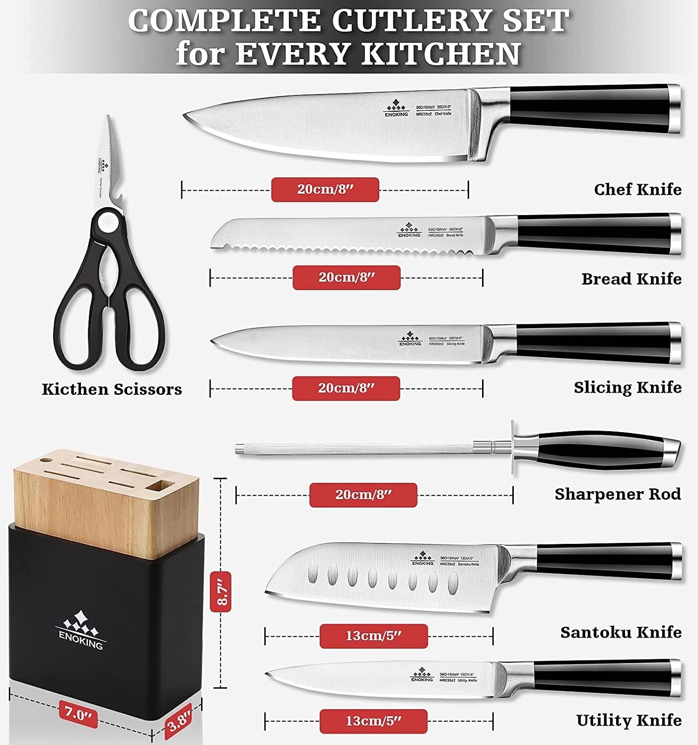 Knife Set, 8-Piece Kitchen Knife Set with Block Wooden German Stainless Steel - Fresh Stock Dated February 2026