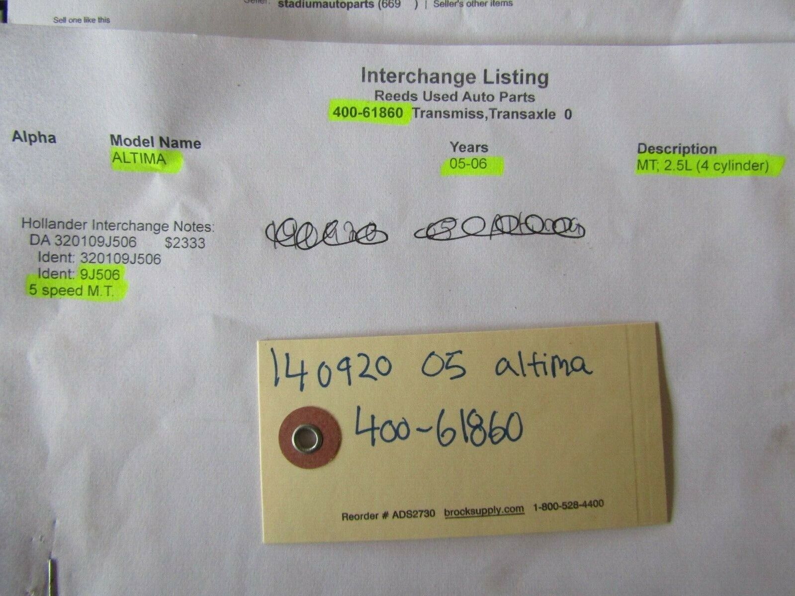 Manual Transmission 5 SPEED : FITS 05 ALTIMA, 140920, 400-61860 - Fresh Stock Dated December 2025