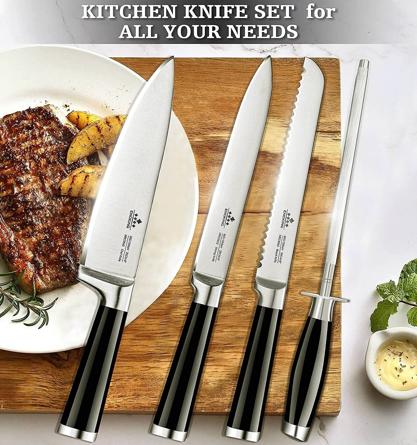 Knife Set, 8-Piece Kitchen Knife Set with Block Wooden German Stainless Steel - Fresh Stock Dated February 2026