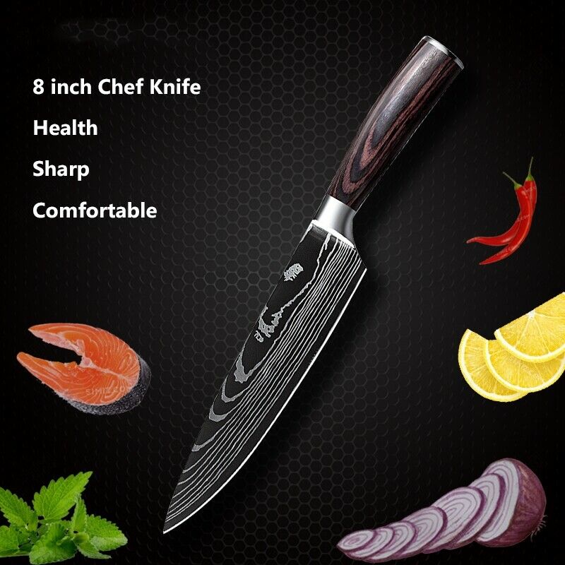 8PC Kitchen Knife Set Stainless Steel Sharp Chef's Knife Damascus Style for Gift - Fresh Stock Dated February 2026