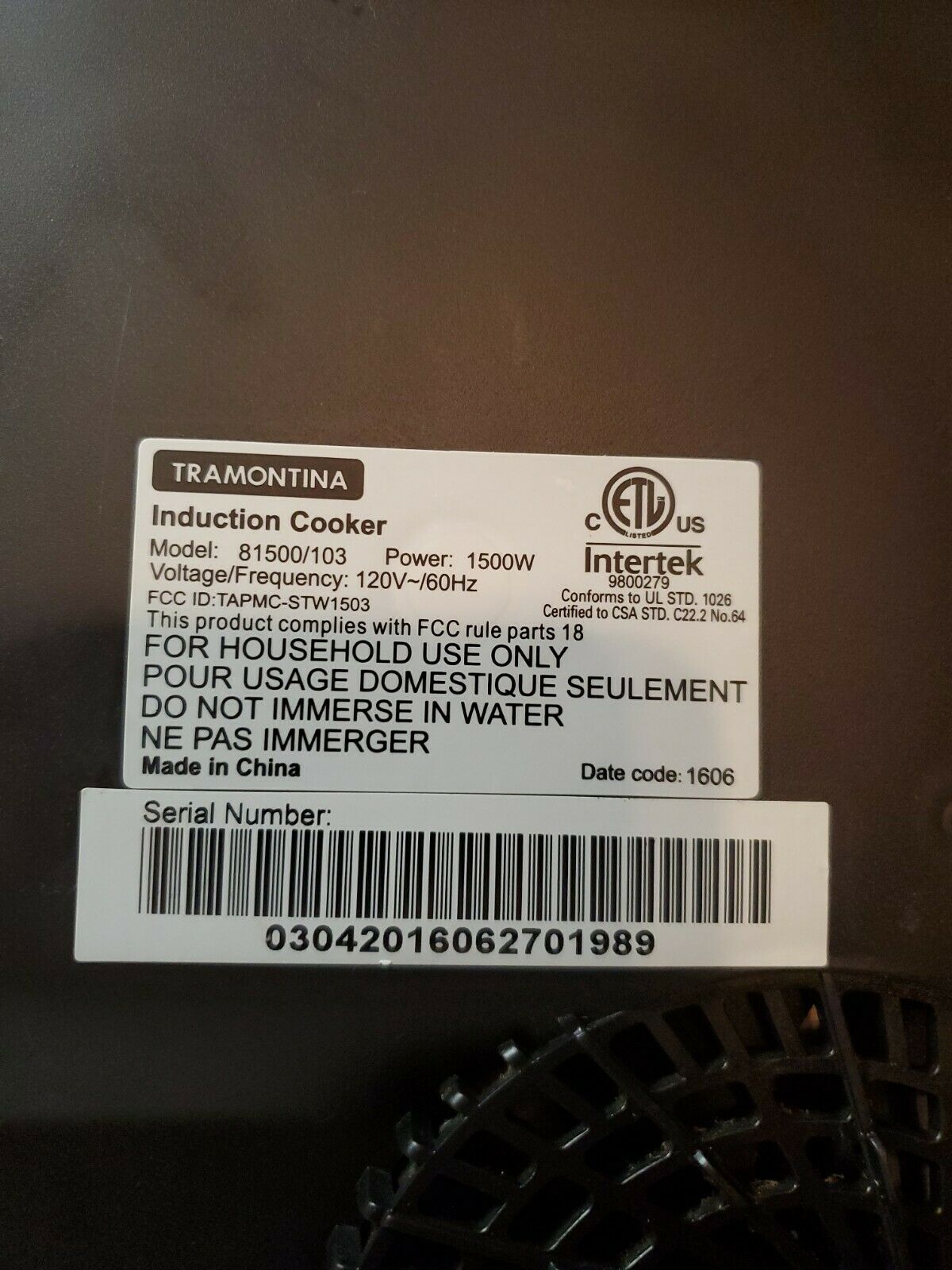 Tramontina Induction Cooker Cooktop Single Burner Glass Top Model 81500/103 - Fresh Stock Dated February 2026