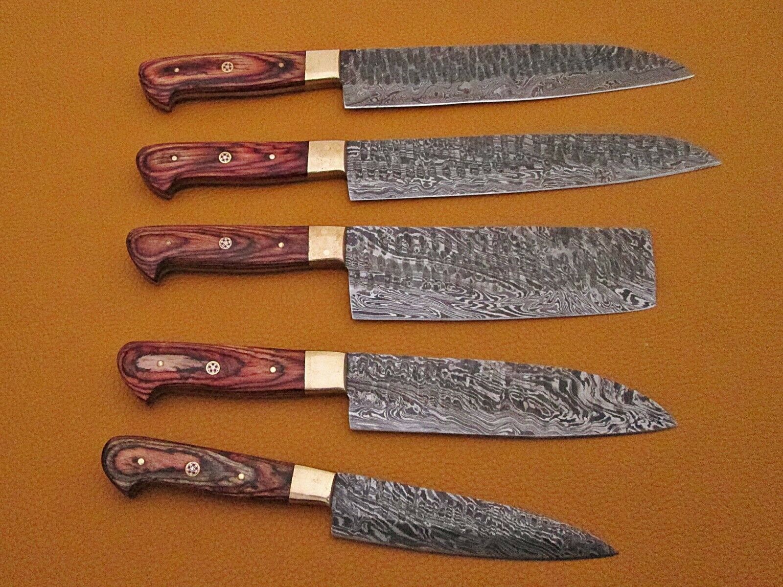 Hand forged hammered Damascus steel 5 piece Kitchen knife set, suede roll sheath - Fresh Stock Dated February 2026