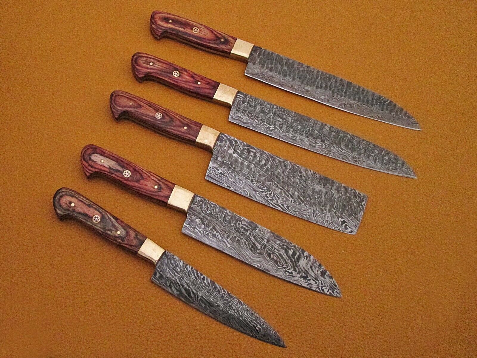 Hand forged hammered Damascus steel 5 piece Kitchen knife set, suede roll sheath - Fresh Stock Dated February 2026