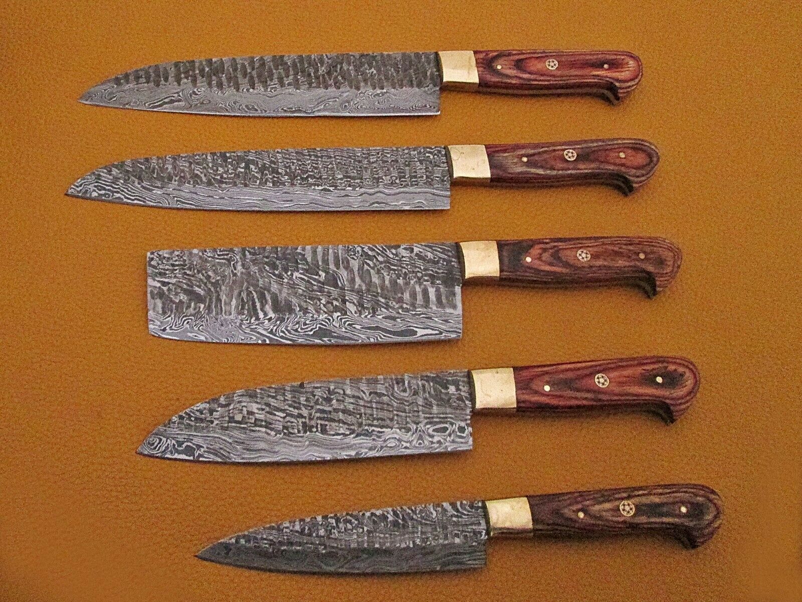 Hand forged hammered Damascus steel 5 piece Kitchen knife set, suede roll sheath - Fresh Stock Dated February 2026