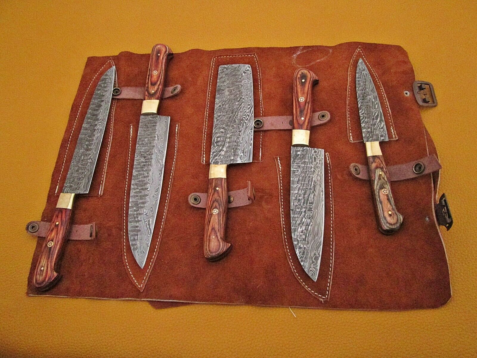 Hand forged hammered Damascus steel 5 piece Kitchen knife set, suede roll sheath - Fresh Stock Dated February 2026