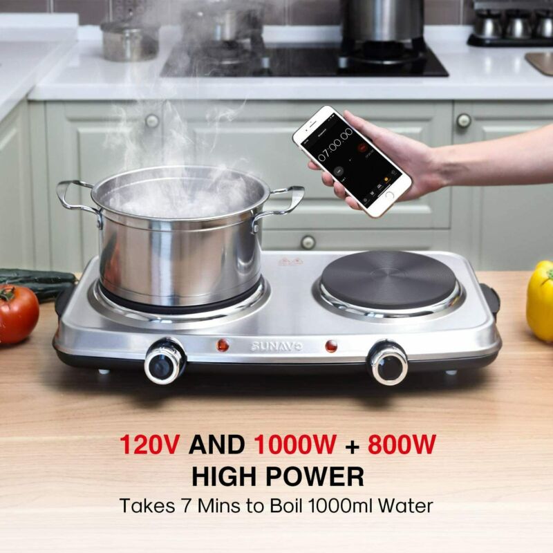 SUNAVO Hot Plates for Cooking, 1800W Electric Double Burner with Silver - Fresh Stock Dated February 2026