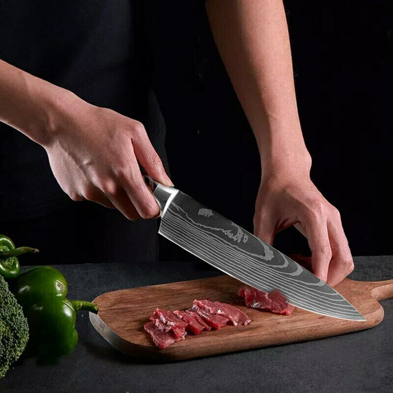 4 Piece Kitchen Knife Block Set Stainless Steel Damascus Chef Santoku Knives - Fresh Stock Dated February 2026
