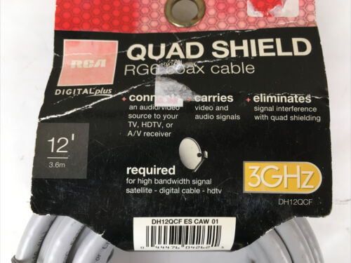 RCA DH12QCF Quad Shield RG6 12 Feet 3.6 Meter Coax Cable 3GHz HDTV Gold Plated - Fresh Stock Dated December 2025