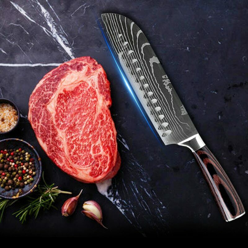 4 Piece Kitchen Knife Block Set Stainless Steel Damascus Chef Santoku Knives - Fresh Stock Dated February 2026