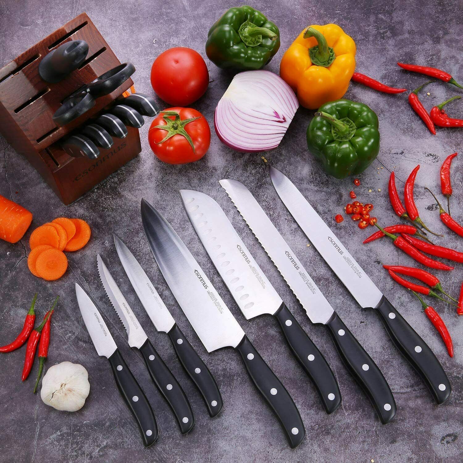 15-Pieces Kitchen Knife Set German Stainless Steel Chef Knives with Wooden Block - Fresh Stock Dated January 2026