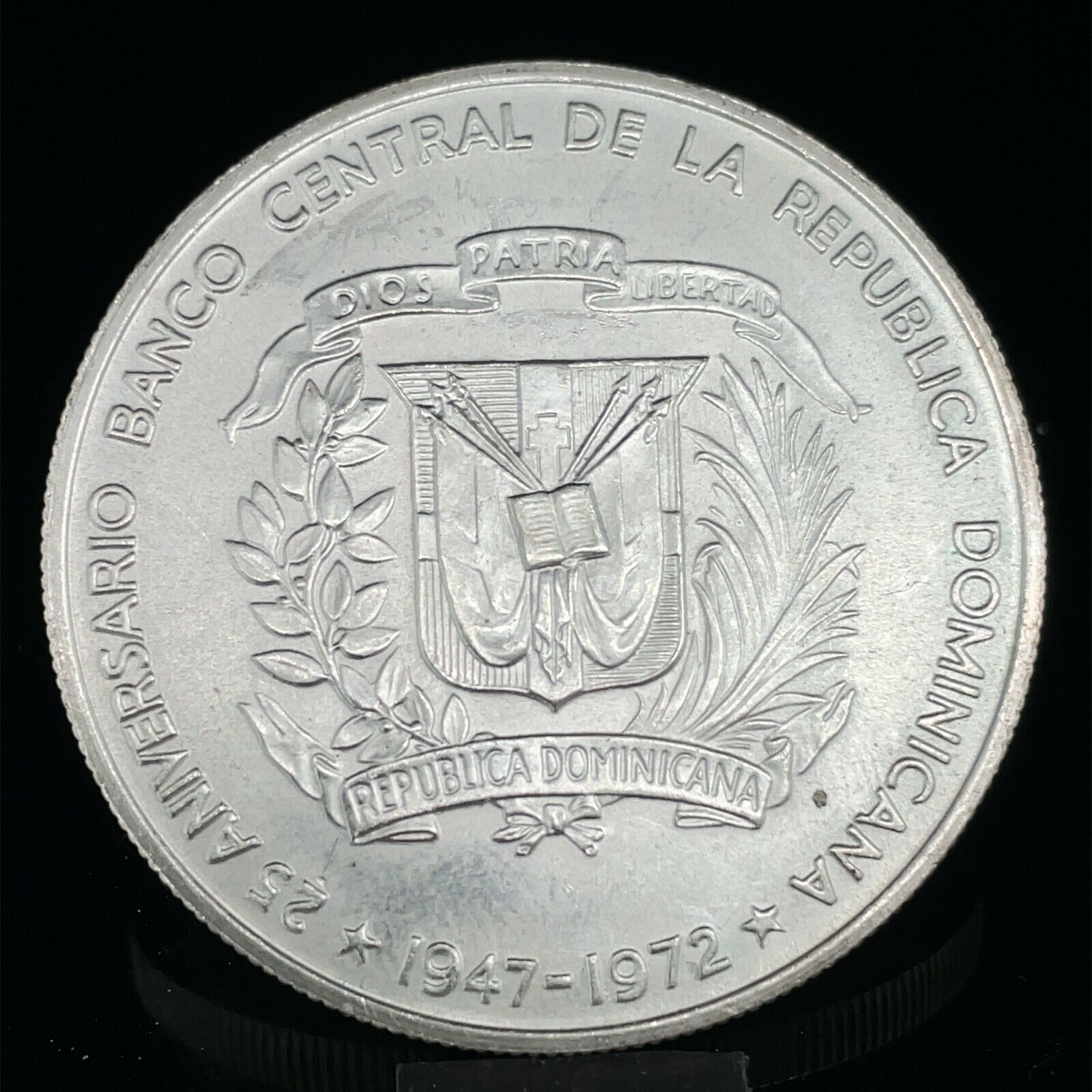 1972 DOMINICAN REPUBLIC SILVER 1 PESO CENTRAL BANK 25Th ANNIVERSARY Km#34 - Fresh Stock Dated December 2025