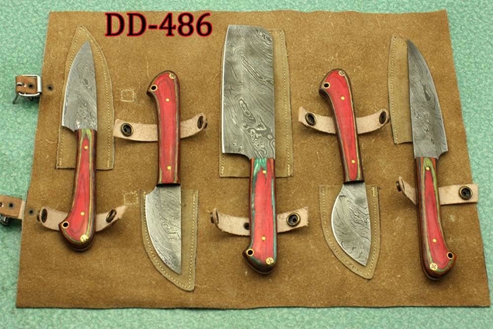 5 piece red wood Kitchen knife set, hand forged Damascus steel, Leather sheath - Fresh Stock Dated February 2026