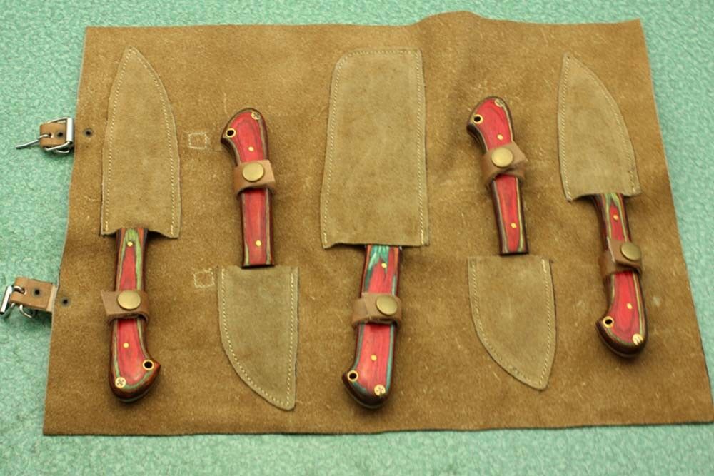 5 piece red wood Kitchen knife set, hand forged Damascus steel, Leather sheath - Fresh Stock Dated February 2026