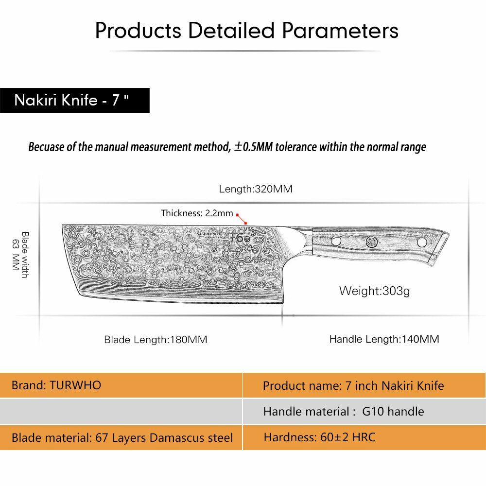 TURWHO 7inch Nakiri Knife Kitchen 67-Layer Japanese VG10 Damascus Steel Knives - Fresh Stock Dated January 2026