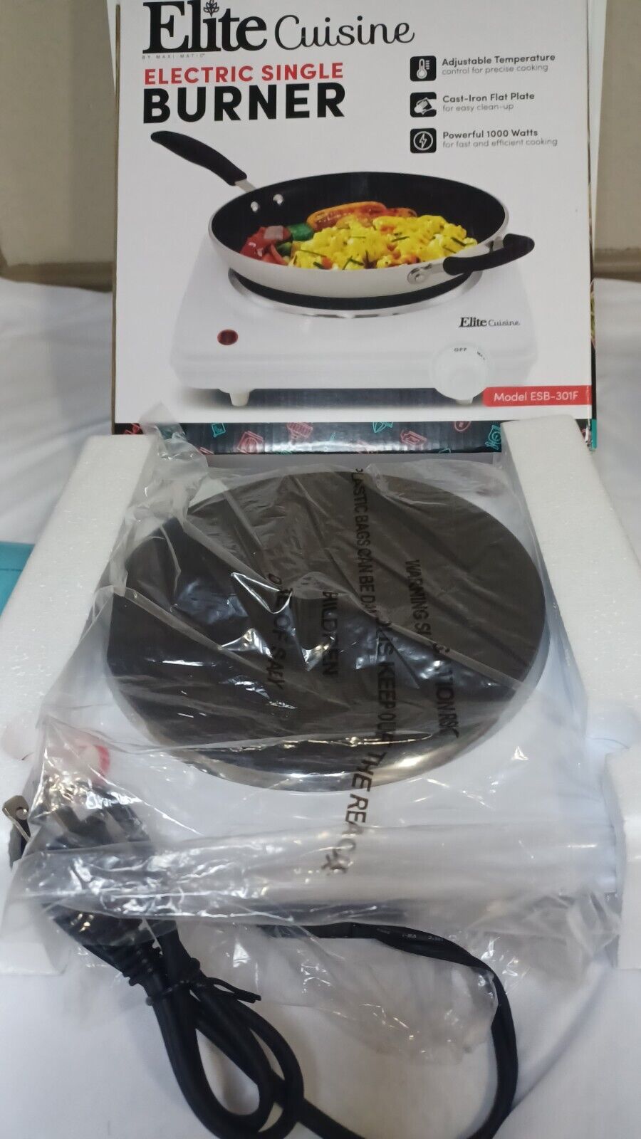 Electric Single Burner Elite Cuisine White Adjustable Temperature ESB-301F - Fresh Stock Dated February 2026