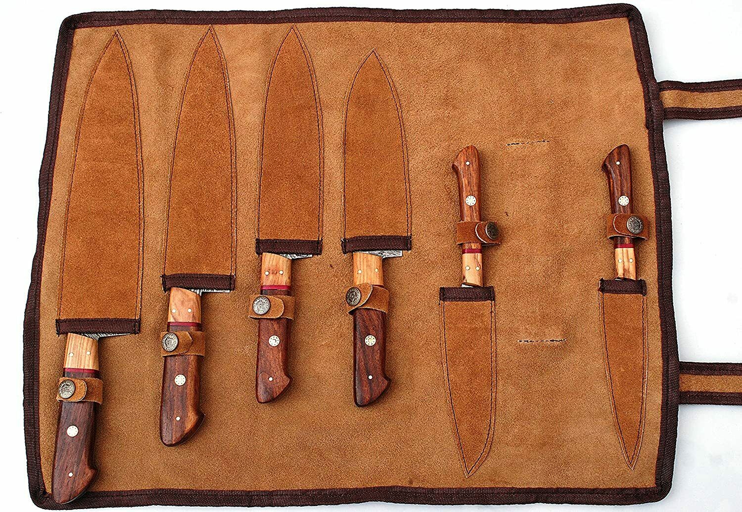 Handmade Kitchen Damascus Knife Set, 6 Piece Kitchen Chef Knife Set with Leather - Fresh Stock Dated January 2026