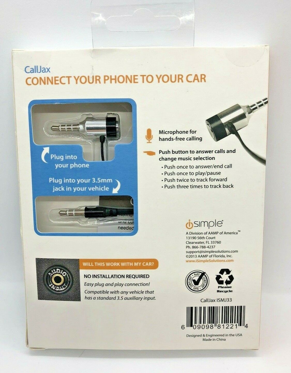 NEW - iSimple Plug & Play - Phone to Car Jack Hands-Free Calling w Mic & Control - Fresh Stock Dated December 2025