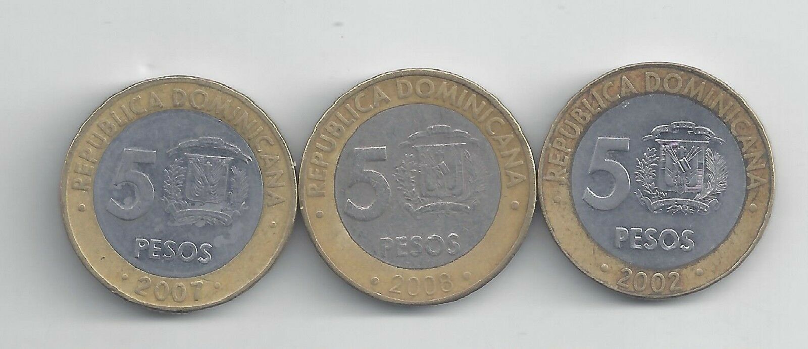 3 BI-METAL 5 PESO COINS from the DOMINICAN REPUBLIC (2002, 2007 & 2008) - Fresh Stock Dated December 2025