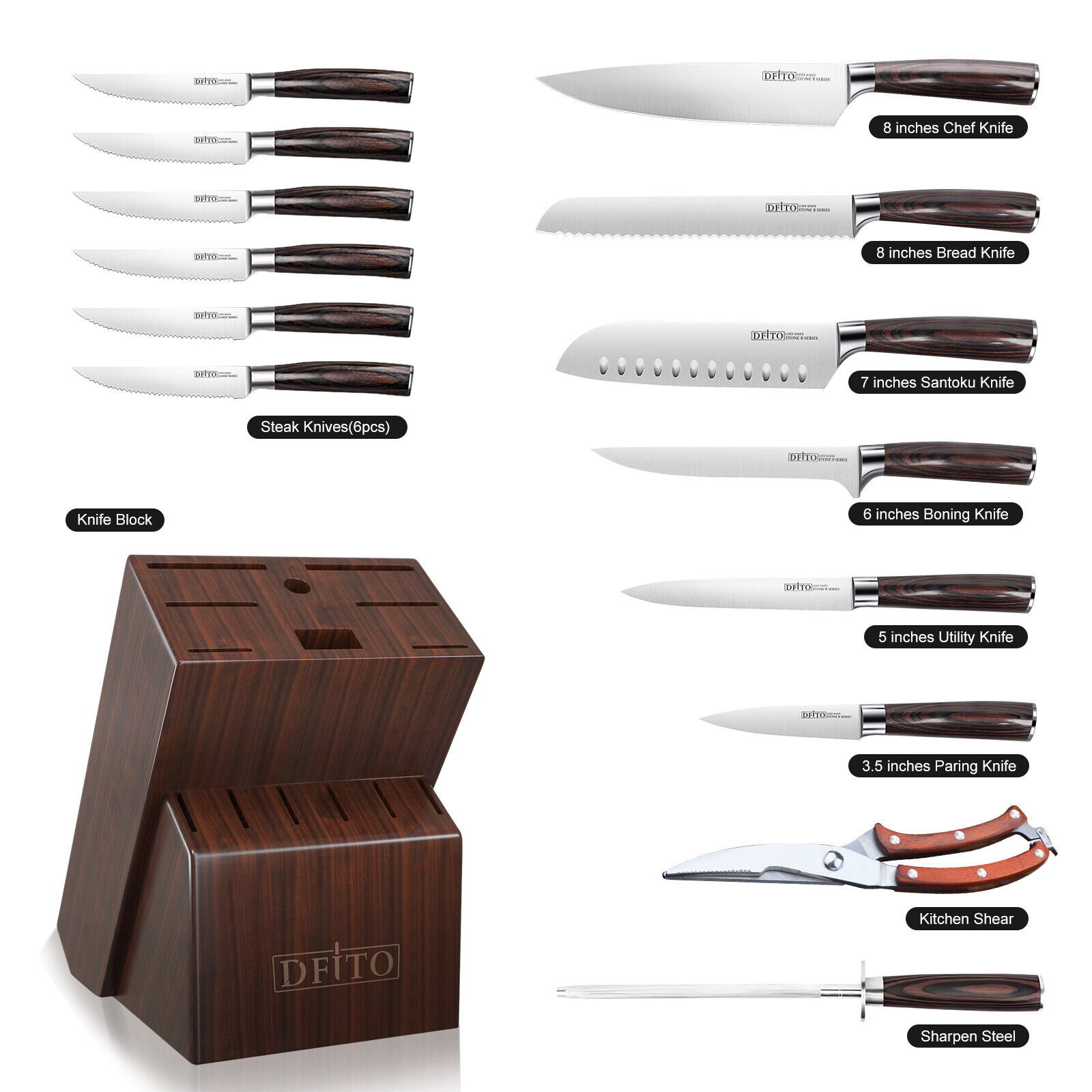 Knife Set, 15-Piece Kitchen Knife Set with Block Wooden German Stainless Steel - Fresh Stock Dated February 2026